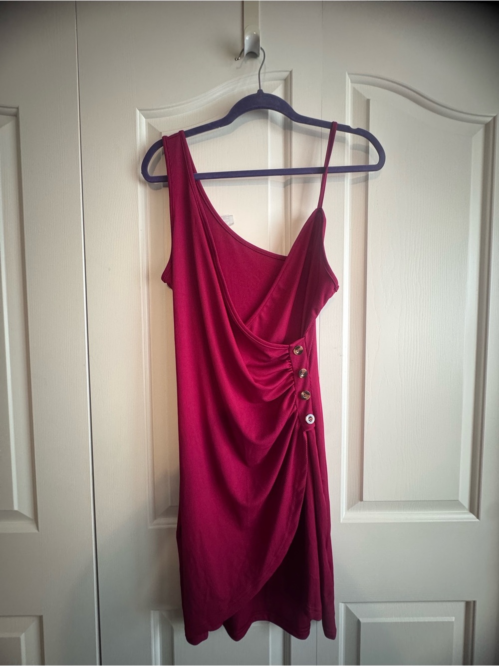 Asymmetric Burgundy One-Shoulder Dress with Side Button Detail